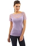 PattyBoutik Women Scalloped Lace Inset V Neck Top (Light Purple Medium)