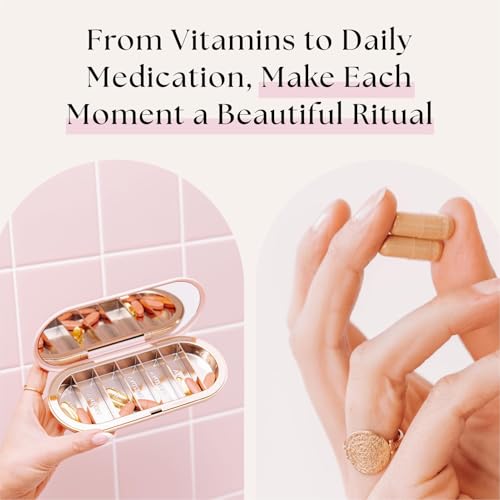 Dosey Compact Travel Pill Organizer - Pill Case with 7 Compartments for Medicine Storage & Protection – Stylish & Elegant Medication Organizer with Mirror, Blush