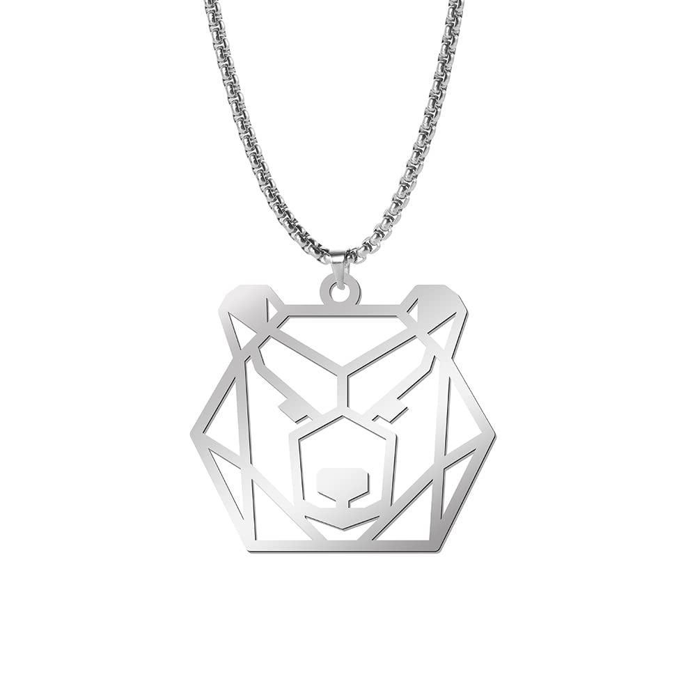 QIAMNI Hollow Cute Bear Head Animal Stainless Steel Silver Gold Pendant Necklace for Women Men Premium Clavicle Chain Charm Personality Gift