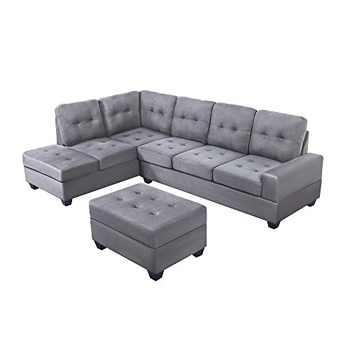 uslion 3 Piece Microfiber Sectional Sofa with Reversible Chaise Lounge Storage Ottoman and Cup