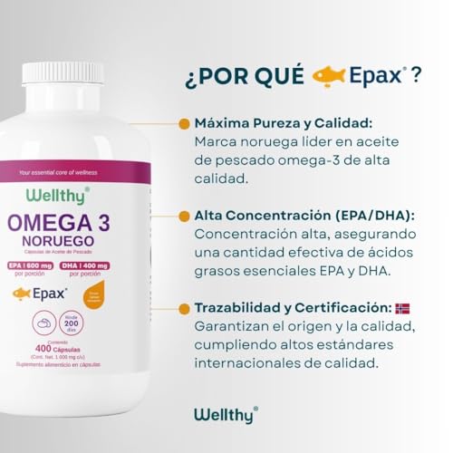 Wellthy Omega 3 Epax® 400 Cápsulas Ácidos Grasos 2000mg. Aceite de Pescado Noruego Ultraconcentrado. 30% EPA y 20% DHA La más alta concentración, Alta Pureza, Softgel