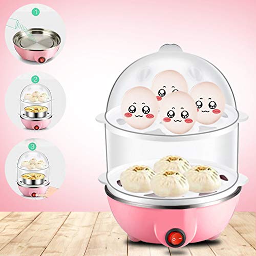 jiumoji Eggs Boiler Cooker Auto Shutoff Double Breakfast Machine Stainless Steel Multi-Function Steamer (-Pink, 15x22cm)