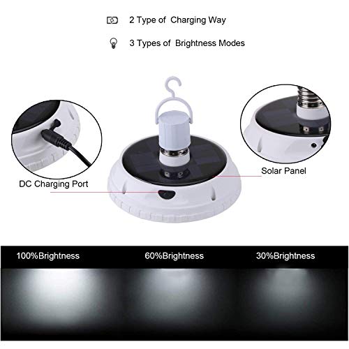 Solar Light Bulb Portable LED Emergency Solar Lights 10W E27 Hanging Tent Light Outdoor Indoor Use 3 Brightness Mode Solar Energy Light for Camping Tent Hooking Garden Camp Chandelier