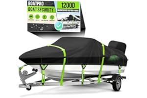 Boatpro 1200D Waterproof Boat Cover with Motor Cover, Solution-Dye Marine Canvas Trailerable Boat Cover 16-18.5ft for 16 feet 17ft 18' Foot V-Hull Bass Boat Tri-Hull Runabout Boat, Black