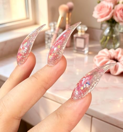 POPSOUL Dragon Claw Press On Nails, Handmade Short Natural False Nails, 3D Floating Glitter Aquarium Nails, Sharp Curved Stiletto Tips for Fantasy, Fairy, Cosplay & Party Looks