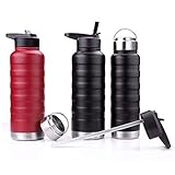 【Drink Healthier 2019】Water Bottle - 32 Oz, 2 Lids, Double Walled Vacuum Insulated 18/8 Stainless Steel Sports Water Bottle, Standard Mouth with BPA Free Straw Lid & Flex Cap