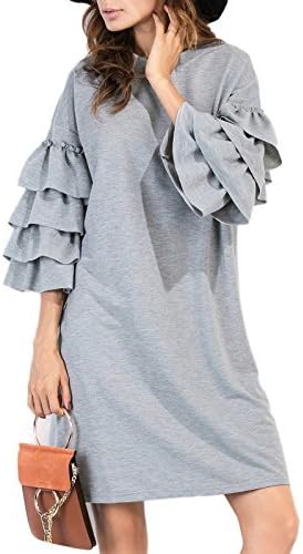 MAYSIKA Women's Tiered Bell Sleeve Ruffle Tunic T-Shirt Loose Dress - Gray M