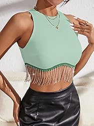 Milumia Women Rhinestone Fringe Zip Back Sleeveless