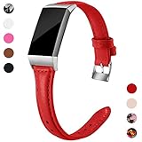 Hamile Slim Bands Compatible for Fitbit Charge 3, Genuine Leather Replacement Watch Band Wristband Strap for Fitbit Charge 3 and Charge 3 SE, Women, Large, Red