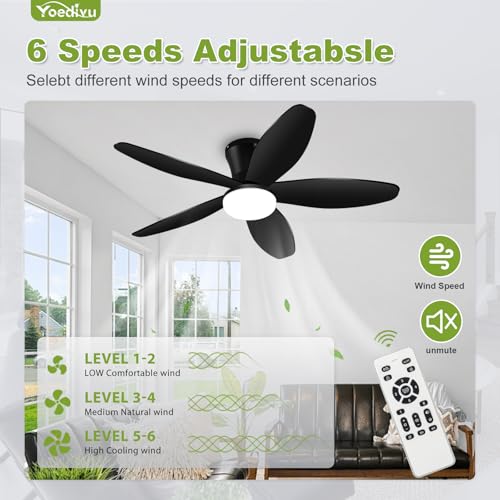 Yoedivu Black Ceiling Fan with Light, 42 Inch Low Profile Flush Mount Ceiling Fan 6-Speed Wind, Quiet Reversible DC Motor, 3 Color Dimmable Lighting, Small Ceiling Fan for Living Room/Kitchen/Bedroom