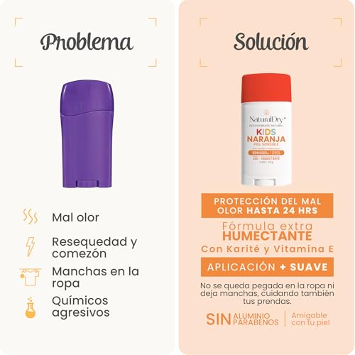 Naturaldry - 2 desodorantes infantiles Kids SIN BICARBONATO DE SODIO unisex Natural ideales para pieles sensibles - No obstruye los poros - SIN ALUMINIO - Sin parabenos - Aroma Naranja para niños y niñas - En Barra