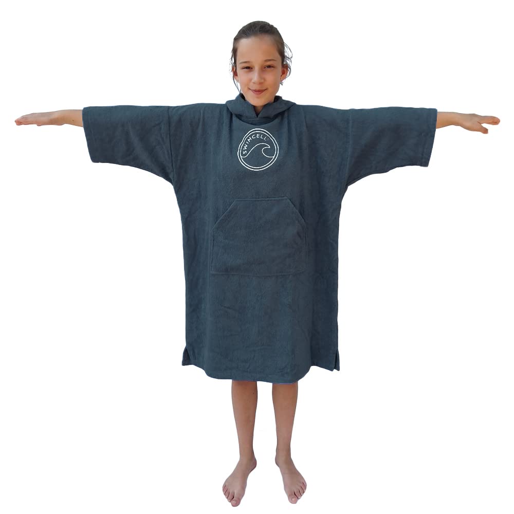 SwimCell Towelling Changing Robe For Men and Women. 100% Cotton Towel Poncho 380gsm. Long Sleeve, Pocket, Side Holes & Hood For Open Water Swimming, Beach and Surf - Small, Dark grey