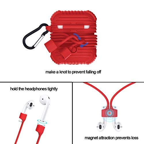 Rugged Airpods Protective Case Compatible for Apple, Airpods Accessories Silicone Shockproof Charging Case with Carabiner Keychain and Anti Lost Strap for Travel Storage - Red