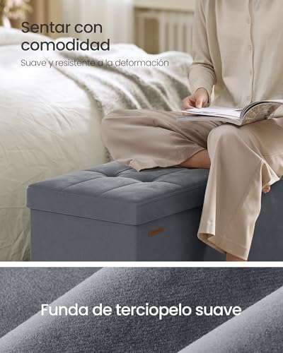 Arrumação, Banco Dobrável, 38 x 110 x 40 cm, Apoio para os Pés, 112 L, Superfície de Veludo, para Quarto, Sala de Estar, Quarto, Cinzento Ardósia LSF0518G02