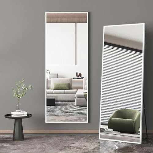 CAMLEO Full Length Mirror 16.6" x 60" rectangle Aluminum alloy Large Standing Dressing Mirror Hanging Leaning Against Wall Mounted Mirror with Stand for Bedroom Locker Room Living Room (silvery white)