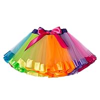 JiaDuo Girls Layered Rainbow Tutu Skirt Bow Dance Ruffle,Rainbows,Large/4-6 Years