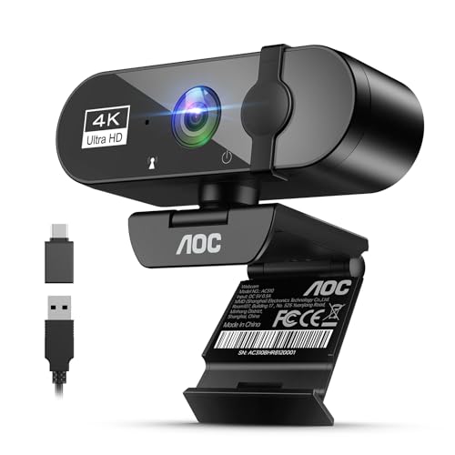 AOC Webcam 4K Ultra HD, Webcam with Microphone & Lens Cover, PC Camera Plug & Play, 99° View, Auto Focus, Web Cam Compatible with Zoom/Teams/Skype, for Home Office, Streaming, FaceTime, Black