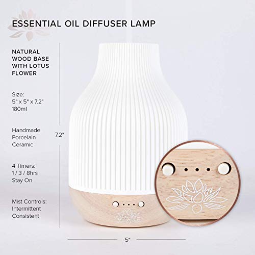 Essential Oil Diffuser Lamp, White Ceramic + Wood, Ultrasonic 180ml, Whispersoft, 4 Timers + 5