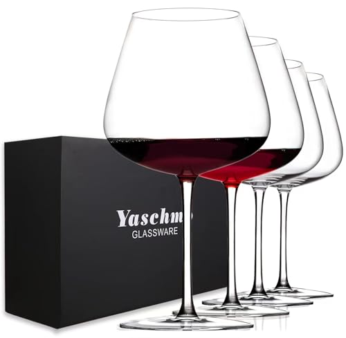 Yaschmo - Juego de 4 copas de vino tinto de 30 oz (887 ml), grandes copas de vino de cristal soplado a mano, copas de color burdeos súper grandes con tallo largo, ideales para cata de vinos, regalo