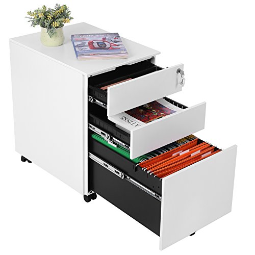 SONGMICS OFC60WT Office Cabinet Metal Mobile Storage Box with Wheels and Lock for Documents and Hanging File with 3 Drawers 39 x 52 x 60 cm White