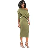 Dresses, Women Fashion One Off Shoulder Bodycon Long Sleeve Midi Shift Dress Cocktail Party Dress (L, Green)