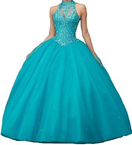 CharmingBridal High Neck Lace Prom Pageant Ball Gown Quinceanera Dresses