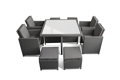 Ragnarök-Möbeldesign PolyRattan - DEUTSCHE Marke - EIGNENE Produktion - 8 Jahre GARANTIE auf UV-Beständigkeit Gartenmöbel Essgruppe Tisch + 4 Stühle & 4 Hocker 12 Polster Platinum Grau – Bild 6