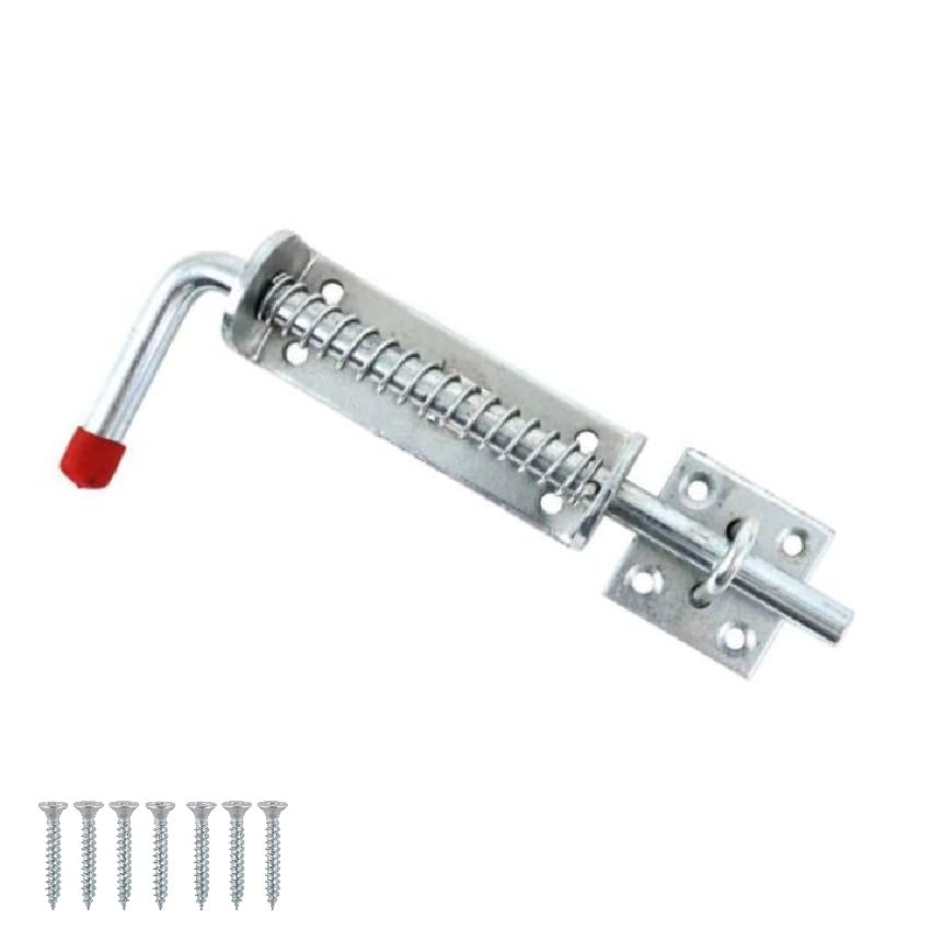 TERF® Heavy Duty Spring Loaded Bolt 200mm (8 inch) with Fixing Screw Silver Use for Barrel Bolt Lock Spring Pin Loaded Locking Latch Door Equestrian Bolt Gate Trailer Garage - Pack of 1