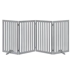 unipaws Freestanding Wooden Dog Gate, Foldable Pet Gate with 2Pcs Support Feet Dog Barrier Indoor Pet Gate Panels for Stairs, Light Gray, Indoor Use Only