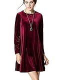 K&S Women's Gold Velvet Long Sleeve Flare Loose Short Dress (XL, Wine Red)