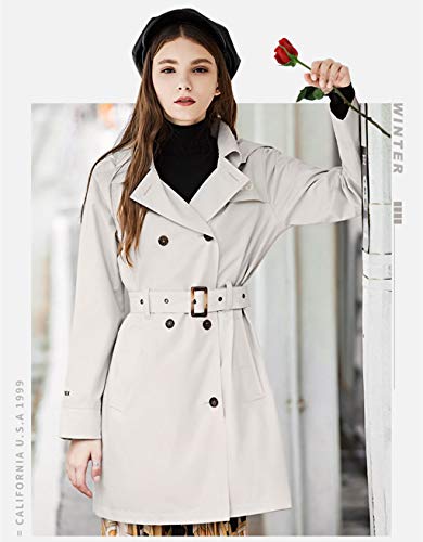 TFO Womens Hooded Double-Breasted Trench Coat Outdoor Lightweight Rain Jackets with Belt(Khaki, M)