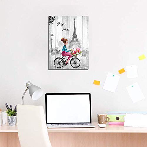 Paris-Canvas-Wall-Art-Black-and-White-Wall-Art-for-Bedroom-Bathroom-Pink-and-Gray-Paris-Theme-for-Teen-Girl-Room-Decor-Eiffel-Tower-Rustic-Painting-Girl-Riding-Bike-with-Flowers-for-Wall-Decor-Gift