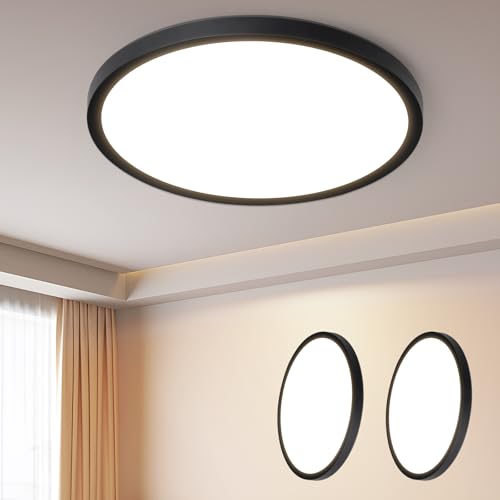 ZMH 2ER Deckenlampe LED Deckenleuchte Badezimmer - Ø30cm Badezimmerlampe Flach Schwarz Rhombenplatte Badlampe Rund Schlafzimmer Küchenlampe 24W Warmwe