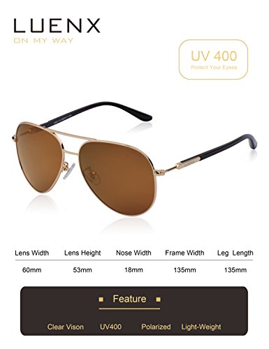 LUENX Aviator Sunglasses Mens Womens Polarized Brown Lens Gold Metal Frame Large 60mm