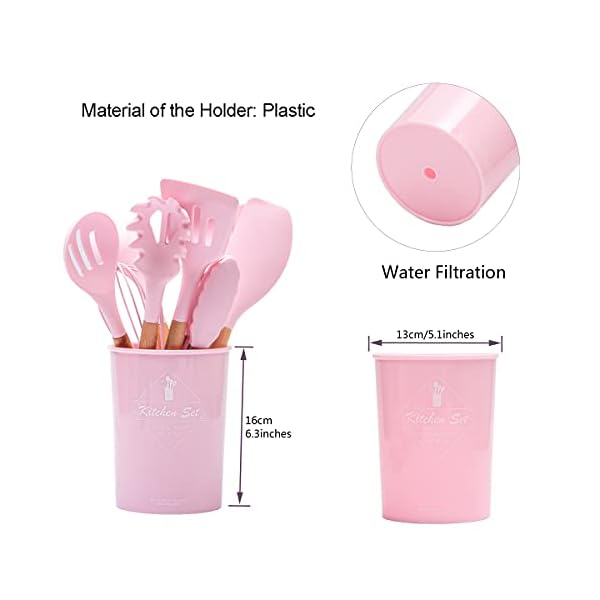 ZCOINS 18+1 PC Silicone Cooking Utensils Set with Wooden Handles & Holder, Kitchen Gadgets, Kitchen Tool Set Gift (Pink)
