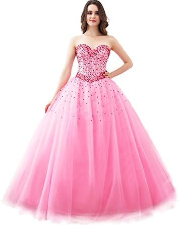 FASHION Dress RE Sweetheart Floor Length Tulle Ball Gown Prom Dress,Rose,US 16