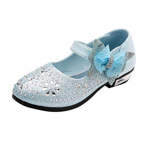 Infant Kids Baby Girls Pearl Crystal Bling Sequins Single Dancing Princess Shoes Bowknot Single Princess Shoes Sandals (32, Sky Blue)