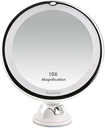 Auxmir 10X Magnifying LED Lighted Makeup Mirror, Vanity Mirror with 14 Natural White LED, Suction Base & 360° Rotation, Ideal for Bathroom & Travel, Batteries Included, Round, 5.12"