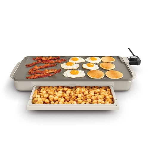 bella 10"x20" Ceramic Griddle with Warming Tray, 1500W Non-Toxic, Oatmilk