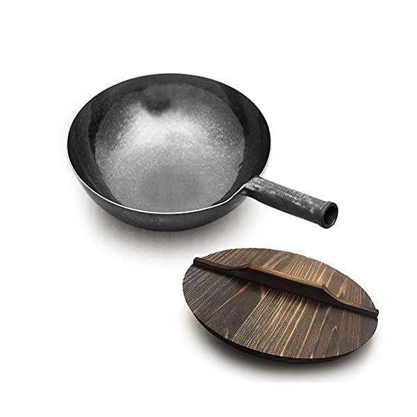 Stir Fry Pan, Hand Hammered cast Iron woks with Wooden lid Carbon Steel