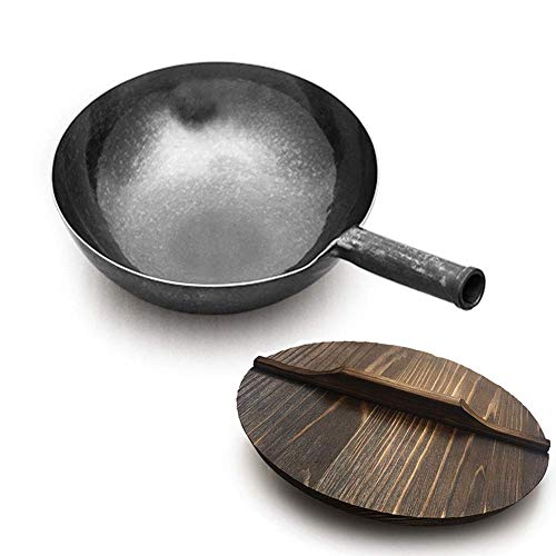 Stir Fry Pan, Hand Hammered cast Iron woks with Wooden lid Carbon Steel
