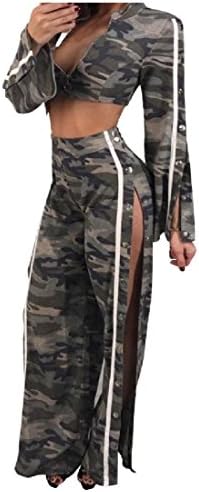 QueenHandsWomen QueenHands Women's 2 Pieces Zipper Outfit Camouflage Split Jumpsuits Romper AS1 XSmall