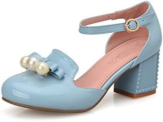 WeiPoot Women's Round Closed Toe Buckle PU Solid Kitten-Heels Sandals, Blue, 35