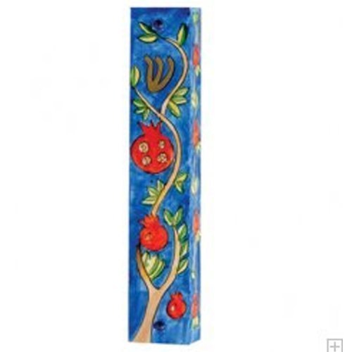 Large Wooden Mezuzah Holder By Yair Emanuel / Pomegranates in Blue by Yair Emanuel