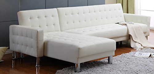 Carabelle Tufted Bonded Leather 2 Piece Sectional Sofa Bed with Chaise Lounge and Storage, Ivory