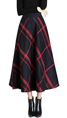 chouyatou Women's High Waist Large-Plaid A-Line Long Wool Blend Skirt Pocket