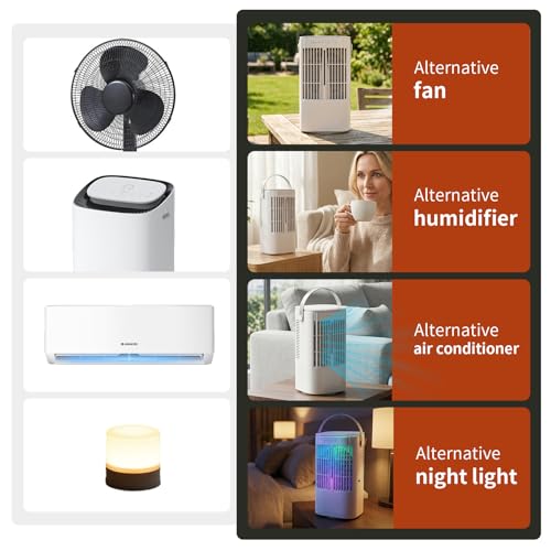 Portable Air Conditioner,1000ML Air Conditioning with Quiet Cool Mist, 7-Color Night Light, 120° Oscillation & Timer, for Bedroom, Car, Office