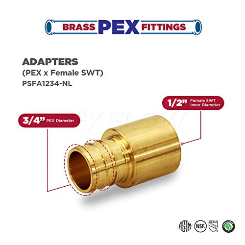 Pexflow PSFA1234-5 Female Sweat Copper Adapter X Pex Barb Pipe Fitting, 1/2 x 3/4, Brass, 5 pack