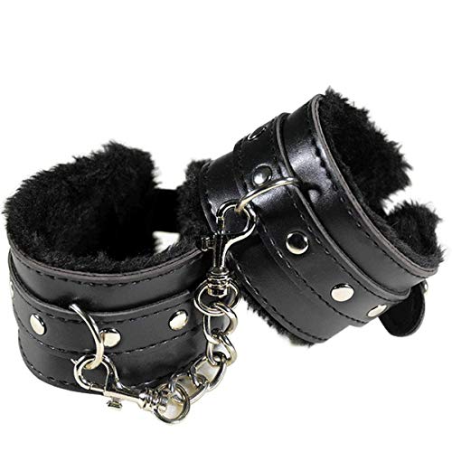 3 Pack Leather Handcuffs Set Adjustable Handcuffs with Leather Whip with Feather Black - Thumbnail 5