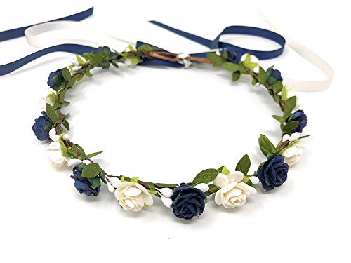 Daddasprincess flower girl crown burgundy bride headband wedding hair wreath women headpiece (Navy and white)